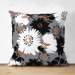 Çift Taraflı Rengarenk Zemin Üzerinde Siyah Beyaz Çiçek Desenli Modern Süet Yastık Kırlent Kılıfı Realhomes