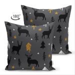Çift Taraflı Renkli Zemin Üzerinde Siyah Geyik Desenli Süet Yastık Kırlent Kılıfı Realhomes