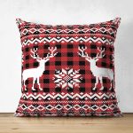- Suet-K-8735-Gorsel1 - Realhomes Çift Taraflı Kırmızı Ekose Desenli Geyik Motifli Dijital Baskılı Modern Süet Yastık Kırlent Kılıfı Realhomes