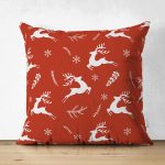 Çift Taraflı Kırmızı Zemin Üzerinde Geyik Desenli Dijital Baskılı Modern Süet Yastık Kırlent Kılıfı Realhomes