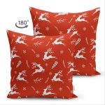 Çift Taraflı Kırmızı Zemin Üzerinde Geyik Desenli Dijital Baskılı Modern Süet Yastık Kırlent Kılıfı Realhomes