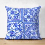 Çift Taraflı Beyaz Zemin Üzerinde Çini Desenli Dijital Baskılı Modern Süet Yastık Kırlent Kılıfı Realhomes