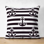 Çift Taraflı Beyaz Zemin Üzerinde Siyah Çizgili Çapa Desenli Modern Süet Yastık Kırlent Kılıfı Realhomes