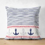 Çift Taraflı Beyaz Zemin Üzerinde Renkli Çizgili Çapa Desenli Modern Süet Yastık Kırlent Kılıfı Realhomes