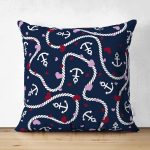 Çift Taraflı Renkli Zeminli Çapa Ve Halat Desenli Dijital Baskılı Modern Süet Yastık Kırlent Kılıfı Realhomes