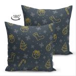 Çift Taraflı Renkli Zemin Üzerinde Gold Detaylı Yılbaşı Çorabı Desenli Süet Yastık Kırlent Kılıfı Realhomes