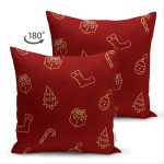 Çift Taraflı Renkli Zemin Üzerinde Gold Detaylı Yılbaşı Çorabı Desenli Süet Yastık Kırlent Kılıfı Realhomes