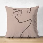 Çift Taraflı Renkli Zemin Üzerinde Onedraw Çizimli Bayan Silüeti Süet Yastık Kırlent Kılıfı Realhomes