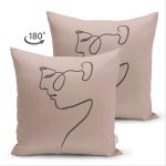 Çift Taraflı Renkli Zemin Üzerinde Onedraw Çizimli Bayan Silüeti Süet Yastık Kırlent Kılıfı Realhomes