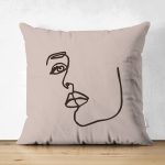 Çift Taraflı Renkli Zemin Üzerinde Onedraw Çizimli Bayan Silüeti Süet Yastık Kırlent Kılıfı Realhomes