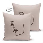Çift Taraflı Renkli Zemin Üzerinde Onedraw Çizimli Bayan Silüeti Süet Yastık Kırlent Kılıfı Realhomes