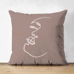 Çift Taraflı Renkli Zemin Üzerinde Onedraw Çizimli Bayan Silüeti Süet Yastık Kırlent Kılıfı Realhomes