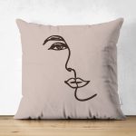 - Suet-K-8828-Gorsel1 - Realhomes Çift Taraflı Renkli Zemin Üzerinde Onedraw Çizimli Bayan Silüeti Süet Yastık Kırlent Kılıfı Realhomes