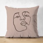 Çift Taraflı Renkli Zemin Üzerinde Onedraw Çizimli Bayan Silüeti Süet Yastık Kırlent Kılıfı Realhomes