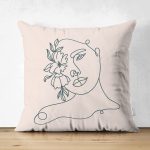 - Suet-K-8832-Gorsel1 - Realhomes  Çift Taraflı Renkli Zemin Üzerinde Onedraw Çizimli Bayan Silüeti Süet Yastık Kırlent Kılıfı Realhomes