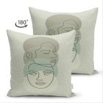 Çift Taraflı Renkli Zemin Üzerinde Onedraw Çizimli Bayan Silüeti Süet Yastık Kırlent Kılıfı Realhomes