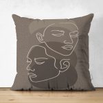 Çift Taraflı Renkli Zemin Üzerinde Onedraw Çizimli Bayan Silüeti Süet Yastık Kırlent Kılıfı Realhomes