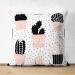 - Suet-K-8845-Gorsel1 - Realhomes Çift Taraflı Beyaz Zemin Üzerinde Siyah Puantiyeli Kaktüs Desenli Süet Yastık Kırlent Kılıfı Realhomes