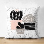 Çift Taraflı Beyaz Zemin Üzerinde Siyah Puantiyeli Kaktüs Desenli Süet Yastık Kırlent Kılıfı Realhomes