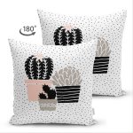Çift Taraflı Beyaz Zemin Üzerinde Siyah Puantiyeli Kaktüs Desenli Süet Yastık Kırlent Kılıfı Realhomes