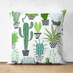 Çift Taraflı Beyaz Zemin Üzerinde Yeşil Kaktüs Desenli Süet Yastık Kırlent Kılıfı Realhomes