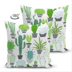 Çift Taraflı Beyaz Zemin Üzerinde Yeşil Kaktüs Desenli Süet Yastık Kırlent Kılıfı Realhomes