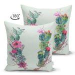 Çift Taraflı Beyaz Zemin Üzerinde Kaktüs Desenli Dijital Baskılı Modern Süet Yastık Kırlent Kılıfı Realhomes