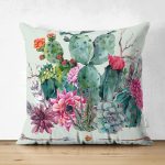 Çift Taraflı Renkli Zemin Üzerinde Oklu Kaktüs Desenli Süet Yastık Kırlent Kılıfı Realhomes