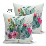 Çift Taraflı Renkli Zemin Üzerinde Oklu Kaktüs Desenli Süet Yastık Kırlent Kılıfı Realhomes