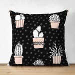Çift Taraflı Siyah Zemin Üzerinde Kaktüs Desenli Dijital Baskılı Modern Süet Yastık Kırlent Kılıfı Realhomes