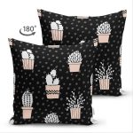 Çift Taraflı Siyah Zemin Üzerinde Kaktüs Desenli Dijital Baskılı Modern Süet Yastık Kırlent Kılıfı Realhomes