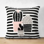 Çift Taraflı Renkli Zemin Üzerinde Siyah Çizgili Kaktüs Desenli Modern Süet Yastık Kırlent Kılıfı Realhomes