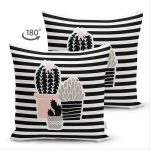 Çift Taraflı Renkli Zemin Üzerinde Siyah Çizgili Kaktüs Desenli Modern Süet Yastık Kırlent Kılıfı Realhomes