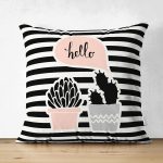 Çift Taraflı Renkli Zemin Üzerinde Siyah Çizgili Kaktüs Desenli Modern Süet Yastık Kırlent Kılıfı Realhomes