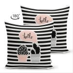 Çift Taraflı Renkli Zemin Üzerinde Siyah Çizgili Kaktüs Desenli Modern Süet Yastık Kırlent Kılıfı Realhomes