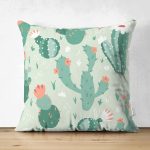 Çift Taraflı Renkli Zemin Üzerinde Kaktüs Desenli Dijital Baskılı Modern Süet Yastık Kırlent Kılıfı Realhomes