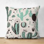 Çift Taraflı Renkli Zemin Üzerinde Kaktüs Desenli Dijital Baskılı Modern Süet Yastık Kırlent Kılıfı Realhomes