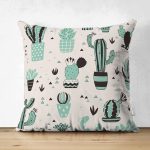 Çift Taraflı Renkli Zemin Üzerinde Kaktüs Desenli Dijital Baskılı Modern Süet Yastık Kırlent Kılıfı Realhomes