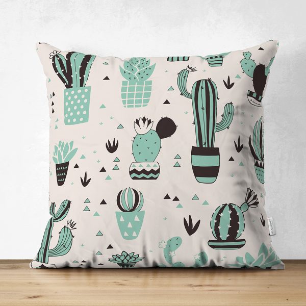Çift Taraflı Renkli Zemin Üzerinde Kaktüs Desenli Dijital Baskılı Modern Süet Yastık Kırlent Kılıfı Realhomes