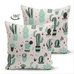 Çift Taraflı Renkli Zemin Üzerinde Kaktüs Desenli Dijital Baskılı Modern Süet Yastık Kırlent Kılıfı Realhomes