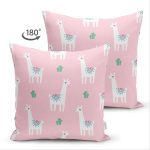 Çift Taraflı Renkli Zeminli Sevimli Zurafa Desenli Dijital Baskılı Modern Süet Yastık Kırlent Kılıfı Realhomes