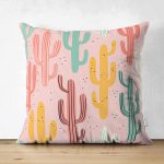 Çift Taraflı Renkli Zeminli Sevimli Kaktüs Desenli Dijital Baskılı Modern Süet Yastık Kırlent Kılıfı Realhomes