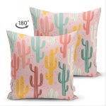 Çift Taraflı Renkli Zeminli Sevimli Kaktüs Desenli Dijital Baskılı Modern Süet Yastık Kırlent Kılıfı Realhomes