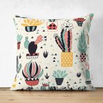 Çift Taraflı Renkli Zeminli Sevimli Kaktüs Desenli Dijital Baskılı Modern Süet Yastık Kırlent Kılıfı Realhomes