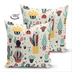 Çift Taraflı Renkli Zeminli Sevimli Kaktüs Desenli Dijital Baskılı Modern Süet Yastık Kırlent Kılıfı Realhomes