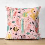 Çift Taraflı Renkli Zemin Üzerinde Kaktüs Desenli Dijital Baskılı Modern Süet Yastık Kırlent Kılıfı Realhomes