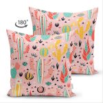 Çift Taraflı Renkli Zemin Üzerinde Kaktüs Desenli Dijital Baskılı Modern Süet Yastık Kırlent Kılıfı Realhomes