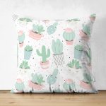 Çift Taraflı Beyaz Zeminli Renkli Kaktüs Desenli Dijital Baskılı Modern Süet Yastık Kırlent Kılıfı Realhomes