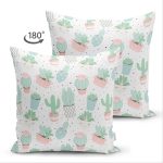 Çift Taraflı Beyaz Zeminli Renkli Kaktüs Desenli Dijital Baskılı Modern Süet Yastık Kırlent Kılıfı Realhomes