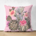 Çift Taraflı Renkli Zemin Üzerinde Kaktüs Desenli Dijital Baskılı Modern Süet Yastık Kırlent Kılıfı Realhomes